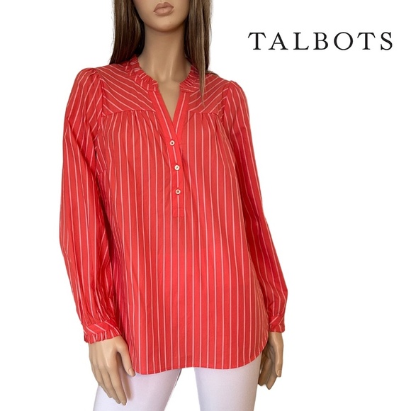 Talbots Blouse Top Long Sleeve Ruffled Neckline V-Neck 100% Cotton Button Front - Picture 1 of 10